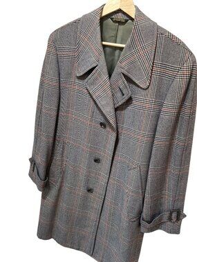 Vintage 1960s Glen Plaid Buckeye Clothes Overcoat With Button Front & Belted Cuf
